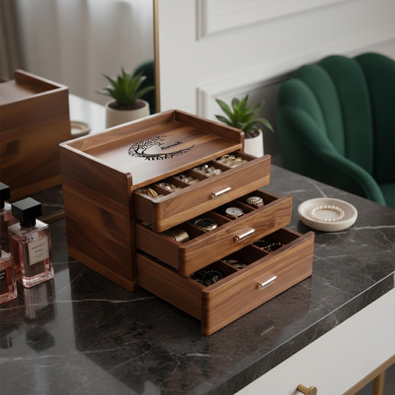 Personalized Jewelry Box for Women Wooden Organizer with 3 Drawers for Women's Jewelry Collection Rings Necklaces Earrings Compartments