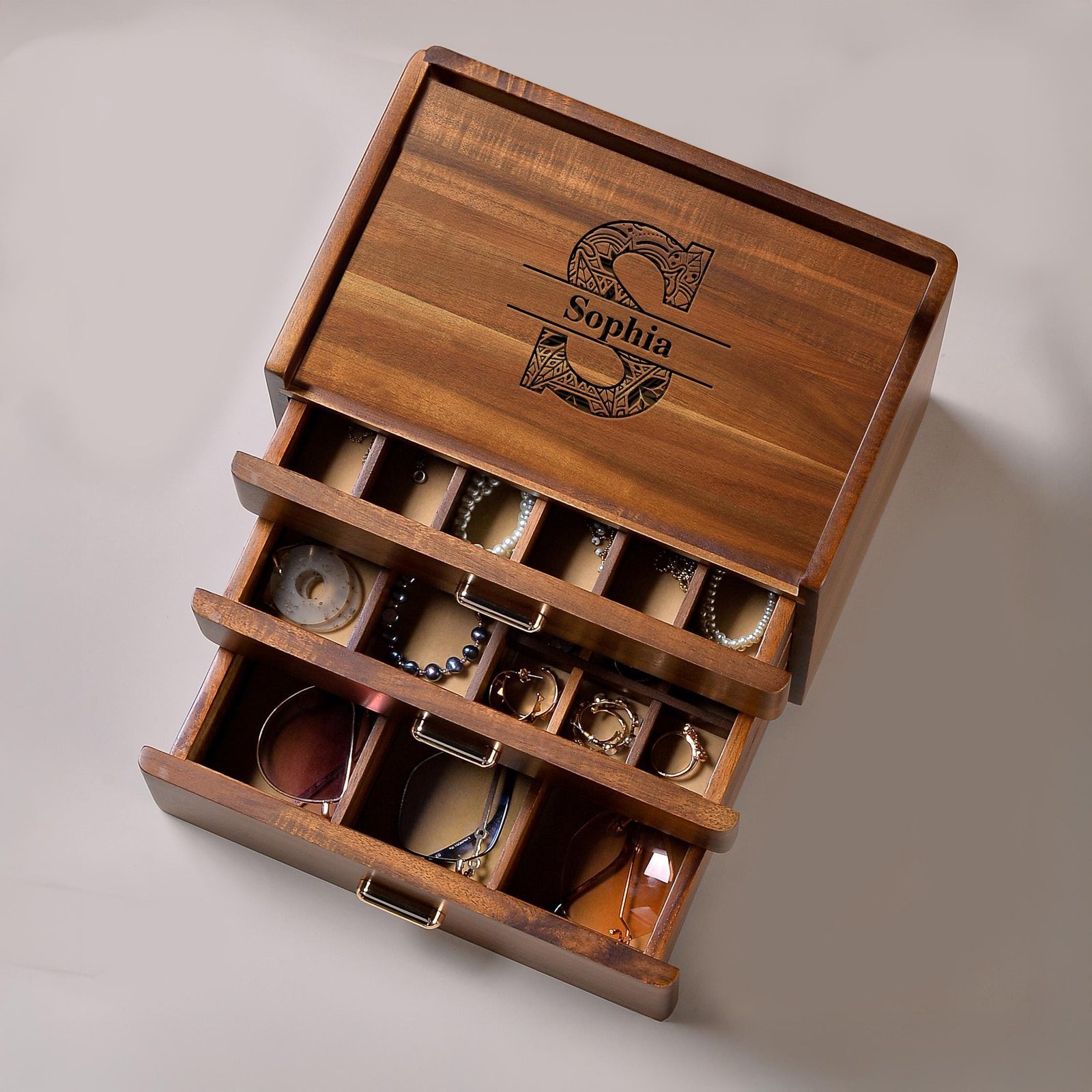 Personalized Jewelry Box for Women Wooden Organizer with 3 Drawers for Women's Jewelry Collection Rings Necklaces Earrings Compartments