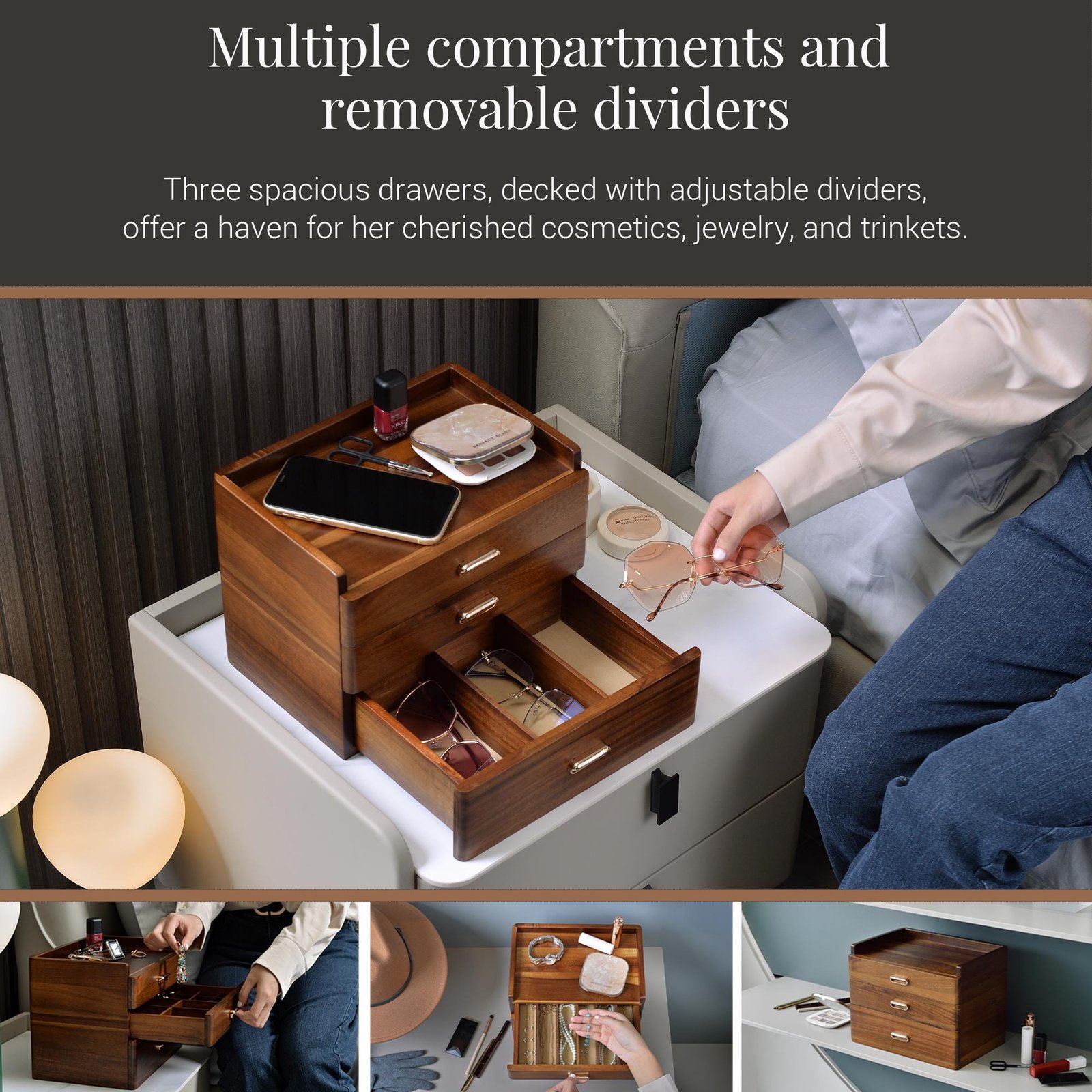 Personalized Jewelry Box for Women Wooden Organizer with 3 Drawers for Women's Jewelry Collection Rings Necklaces Earrings Compartments