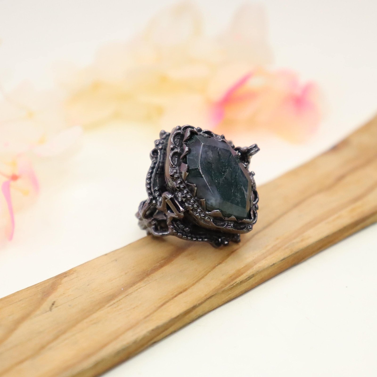 Locket Ring With Moss Agate Ring, Black Oxidized, Compartment Box Ring For Anniversary Gift For Her, Mother's Day Gifts