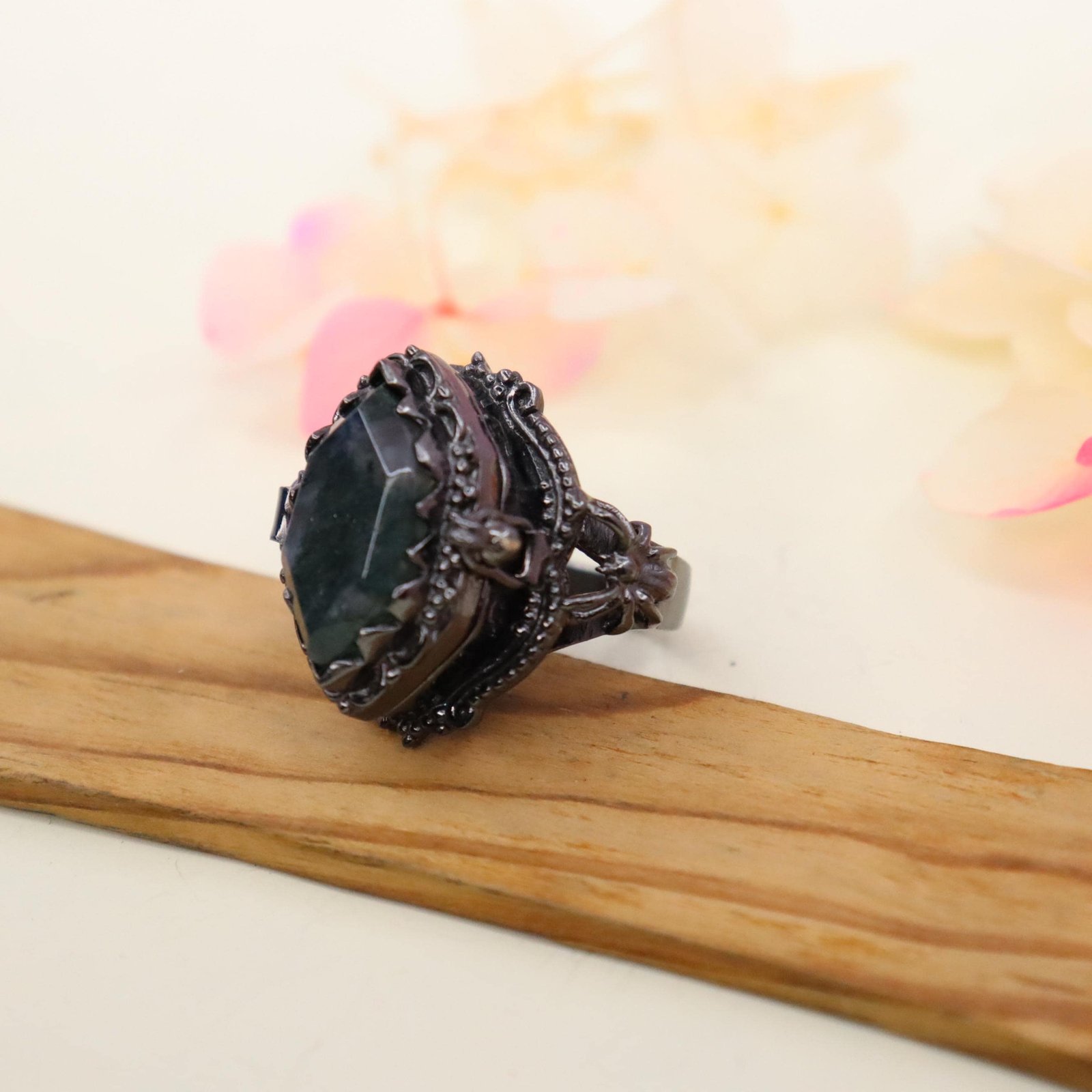 Locket Ring With Moss Agate Ring, Black Oxidized, Compartment Box Ring For Anniversary Gift For Her, Mother's Day Gifts