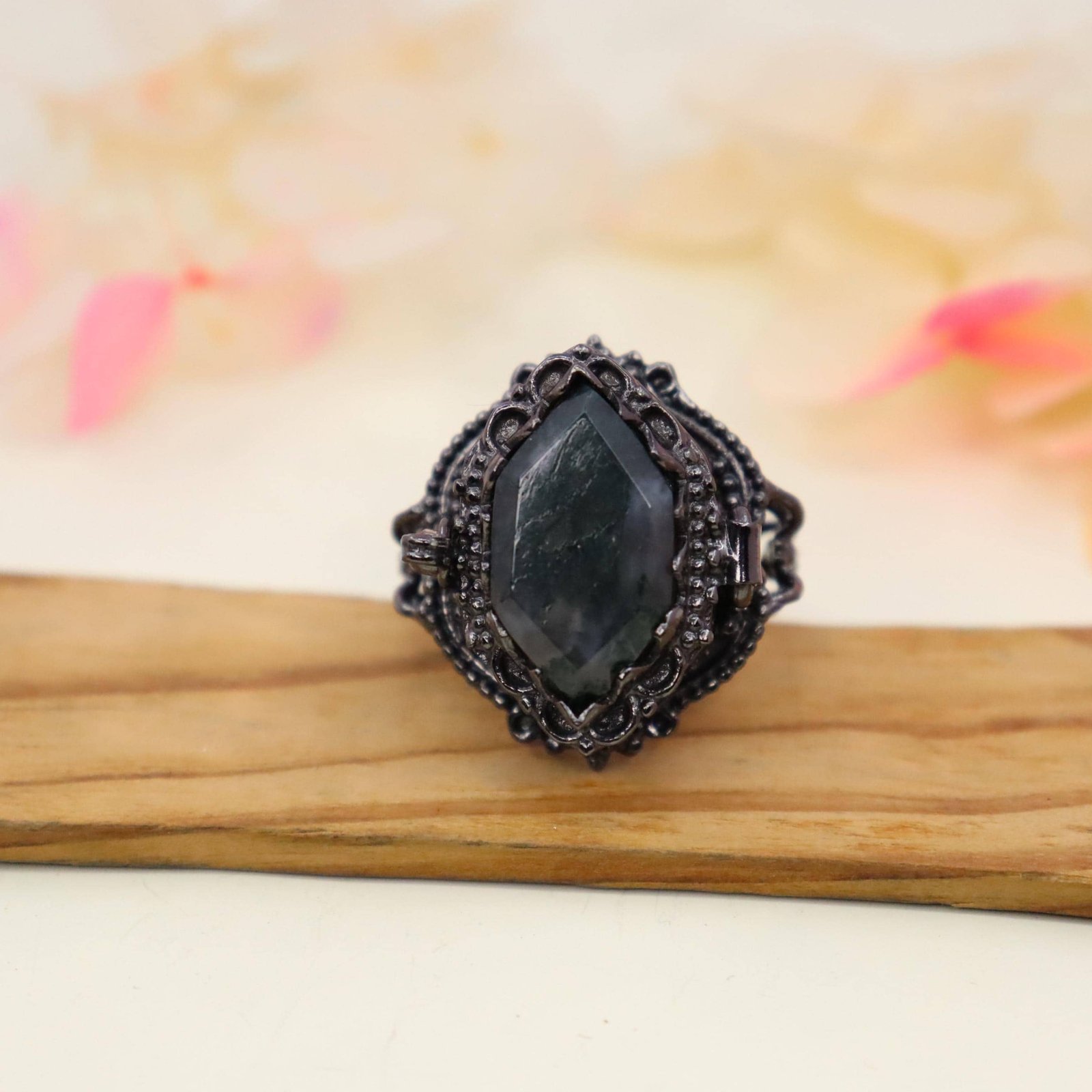 Locket Ring With Moss Agate Ring, Black Oxidized, Compartment Box Ring For Anniversary Gift For Her, Mother's Day Gifts
