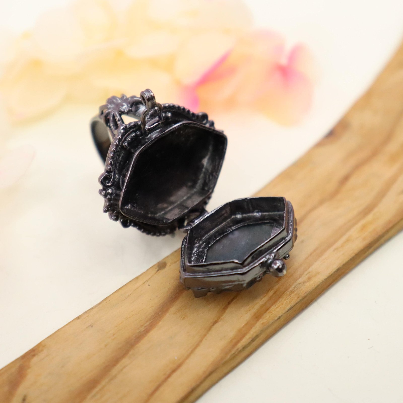 Locket Ring With Moss Agate Ring, Black Oxidized, Compartment Box Ring For Anniversary Gift For Her, Mother's Day Gifts