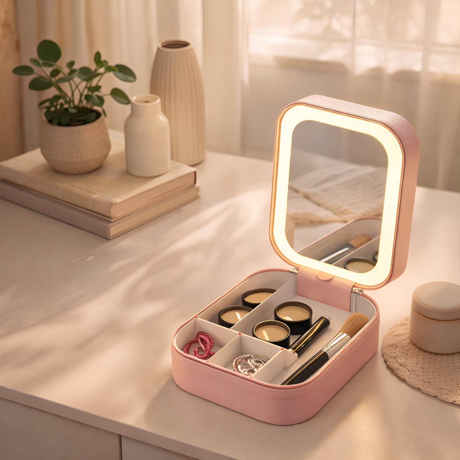 Travel Makeup Bag, Portable Vanity Organizer, LED Mirror, Rechargeable Cosmetic Case