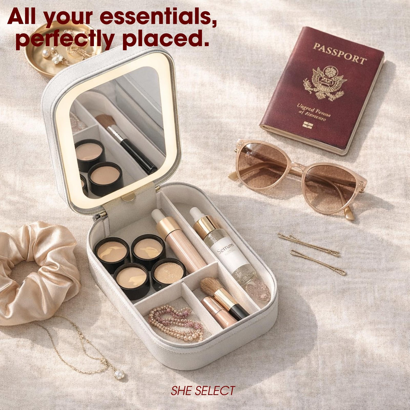 Travel Makeup Bag, Portable Vanity Organizer, LED Mirror, Rechargeable Cosmetic Case
