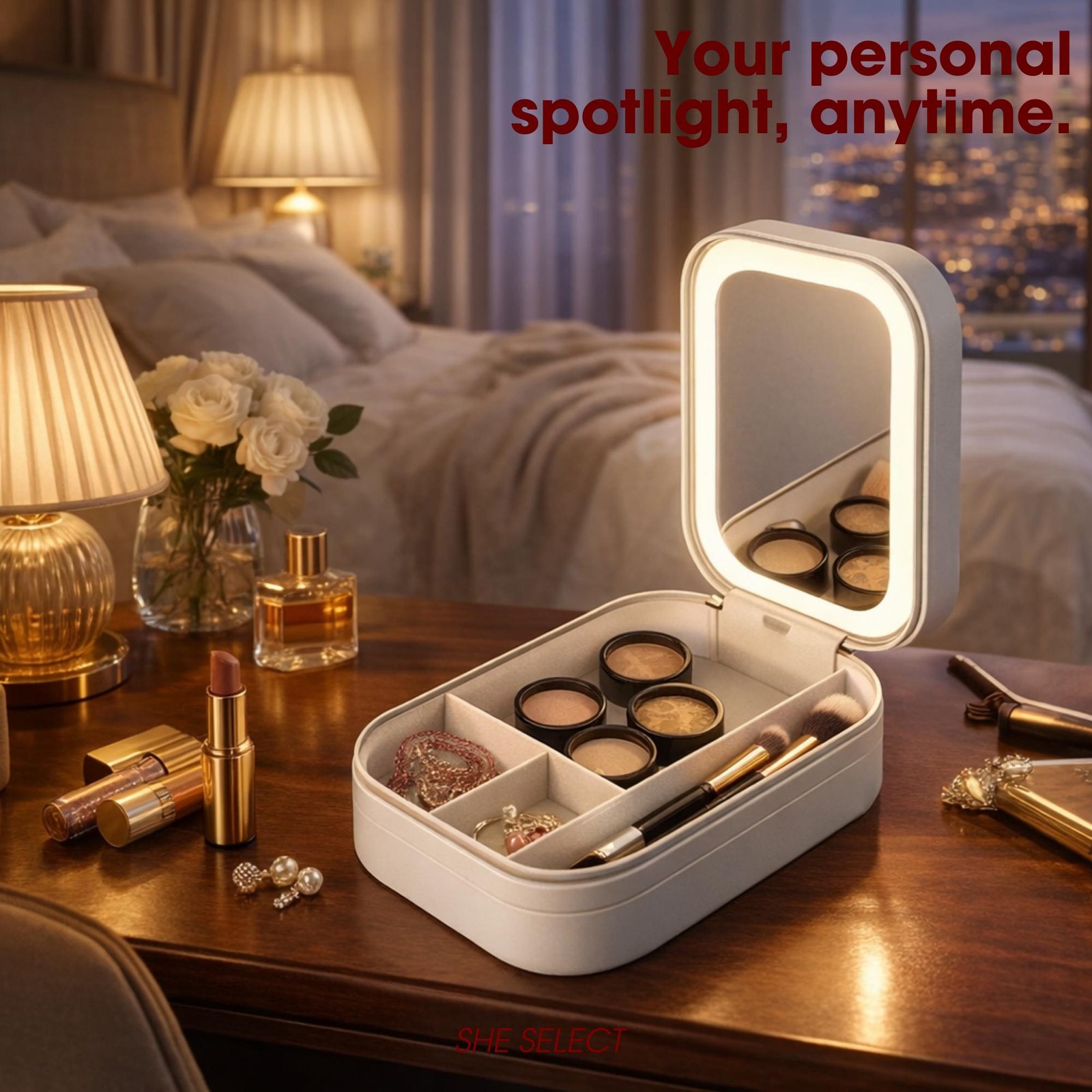 Travel Makeup Bag, Portable Vanity Organizer, LED Mirror, Rechargeable Cosmetic Case