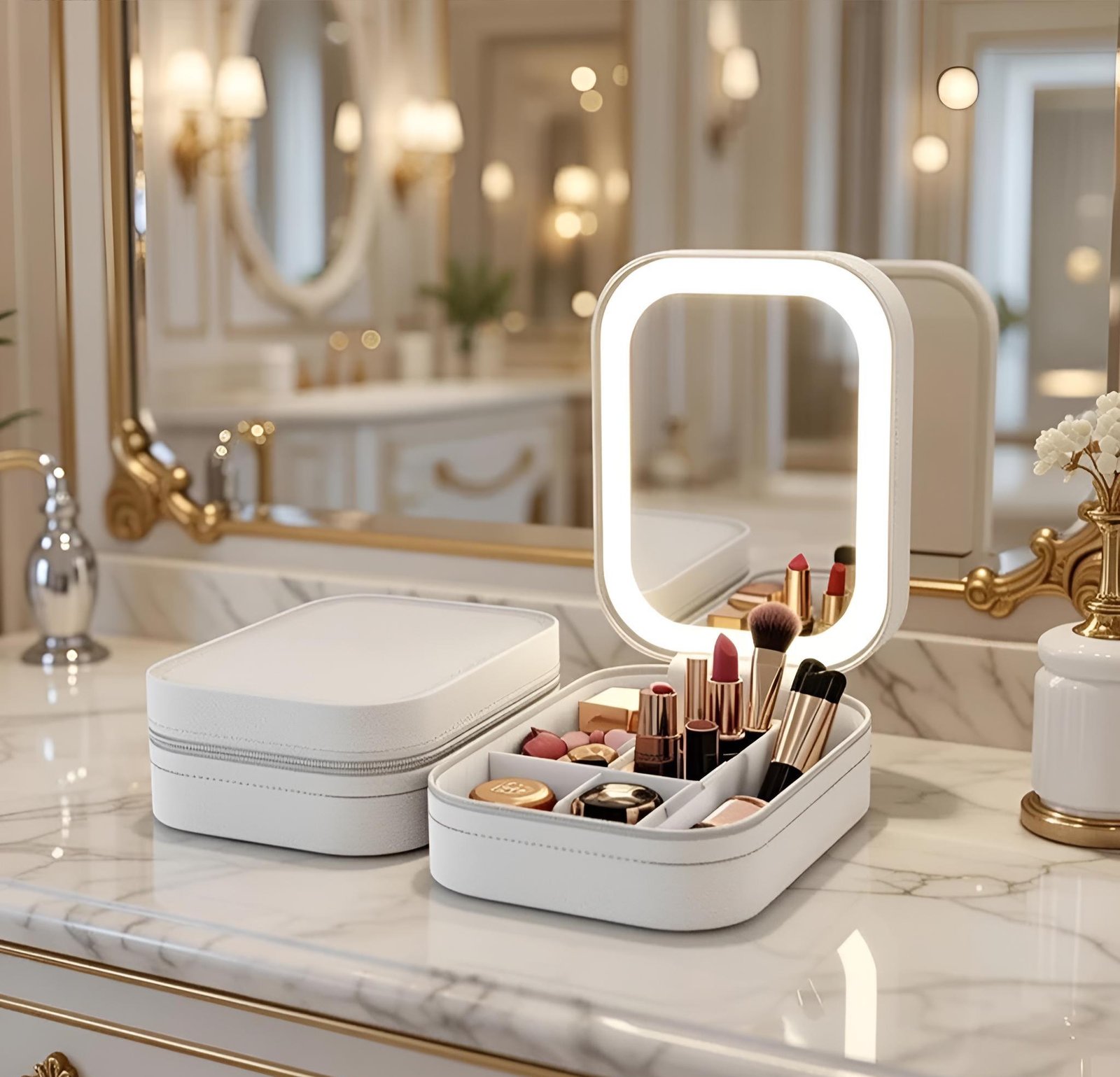 Travel Makeup Bag, Portable Vanity Organizer, LED Mirror, Rechargeable Cosmetic Case
