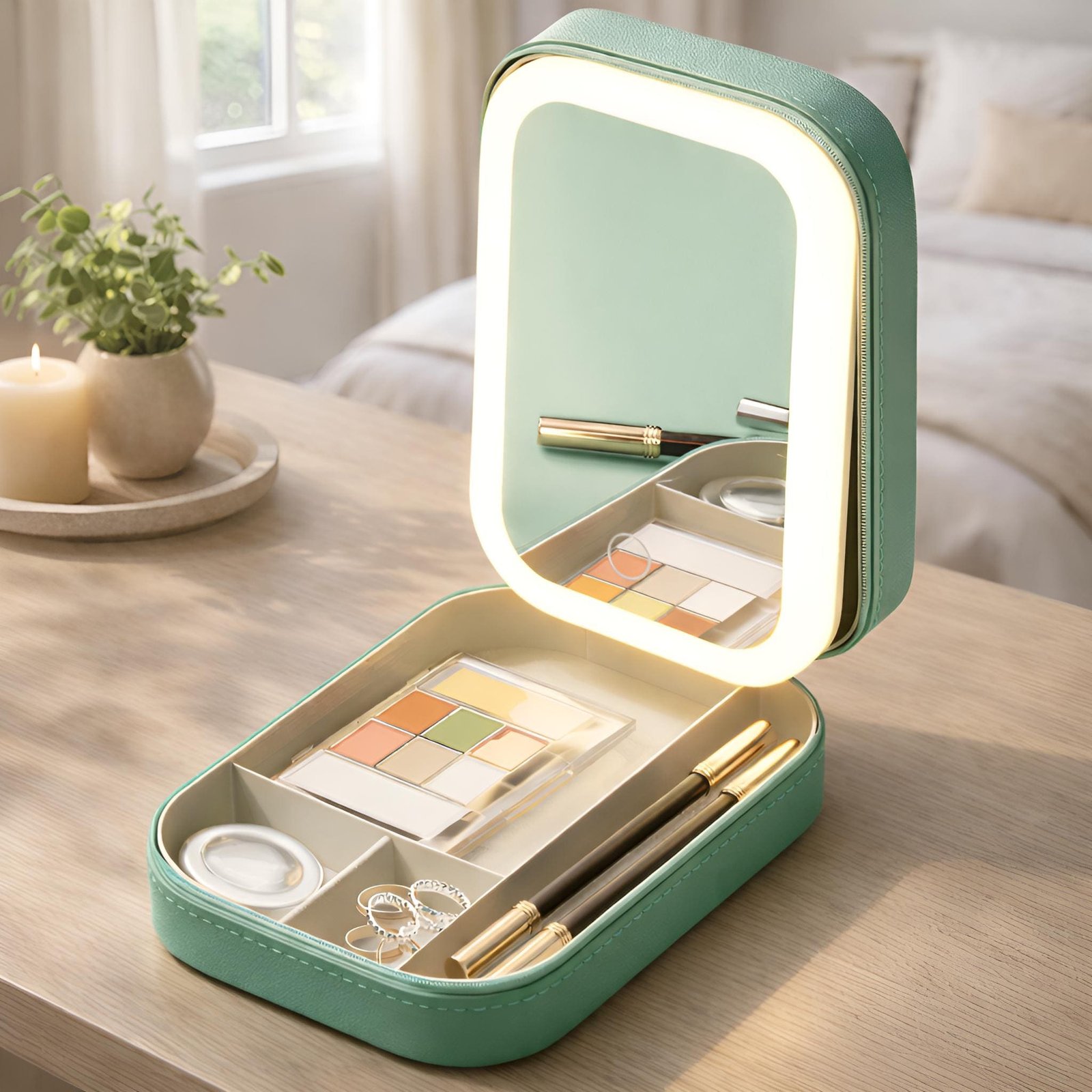 Travel Makeup Bag, Portable Vanity Organizer, LED Mirror, Rechargeable Cosmetic Case