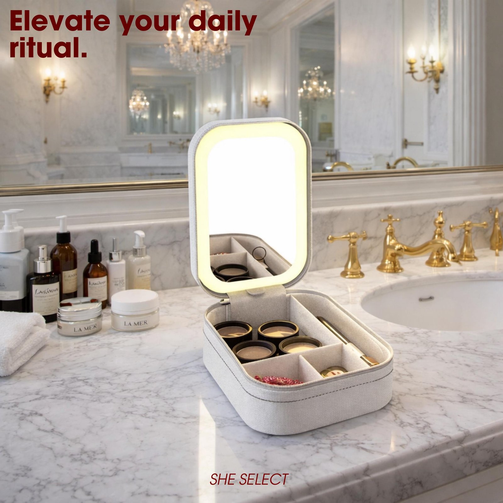Travel Makeup Bag, Portable Vanity Organizer, LED Mirror, Rechargeable Cosmetic Case