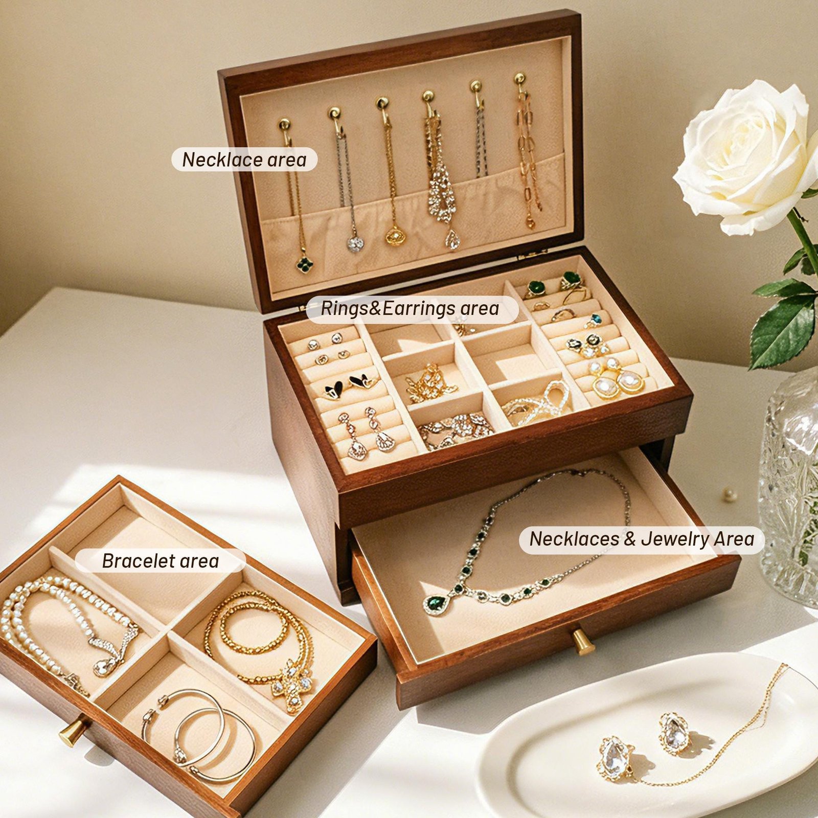 Custom Engraved Wooden Jewelry Box, 3-Layer Jewelry Organizer with Pull-Out Drawer, Removable Tray Ring Cushions, Earring & Necklace Storage
