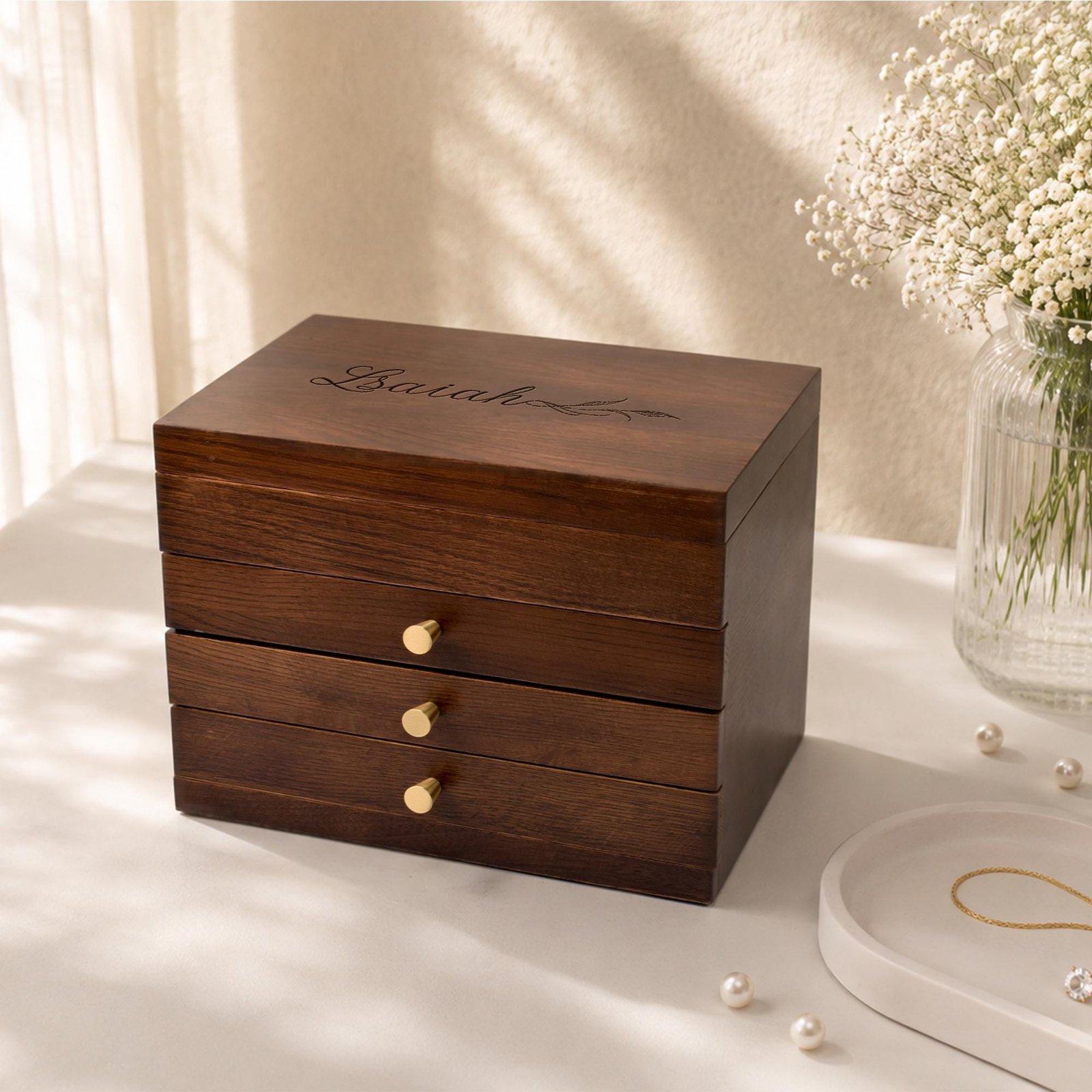 Custom Engraved Wooden Jewelry Box, 3-Layer Jewelry Organizer with Pull-Out Drawer, Removable Tray Ring Cushions, Earring & Necklace Storage