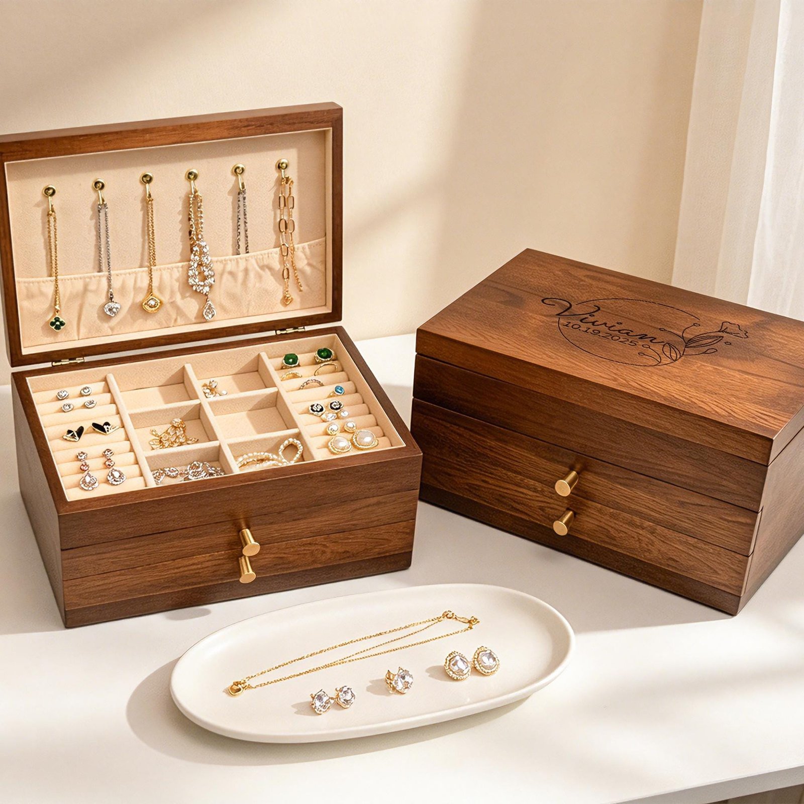 Custom Engraved Wooden Jewelry Box, 3-Layer Jewelry Organizer with Pull-Out Drawer, Removable Tray Ring Cushions, Earring & Necklace Storage