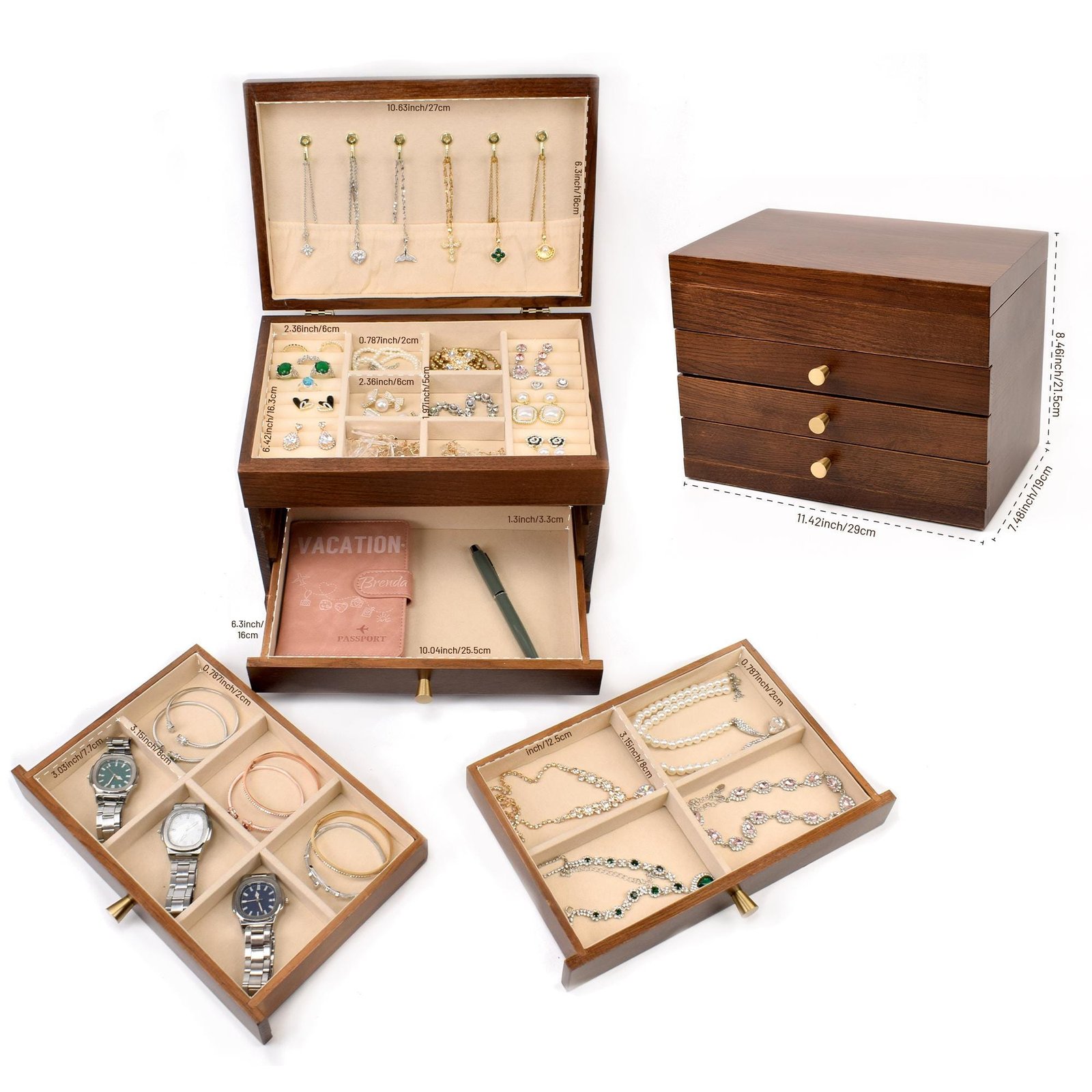 Custom Engraved Wooden Jewelry Box, 3-Layer Jewelry Organizer with Pull-Out Drawer, Removable Tray Ring Cushions, Earring & Necklace Storage
