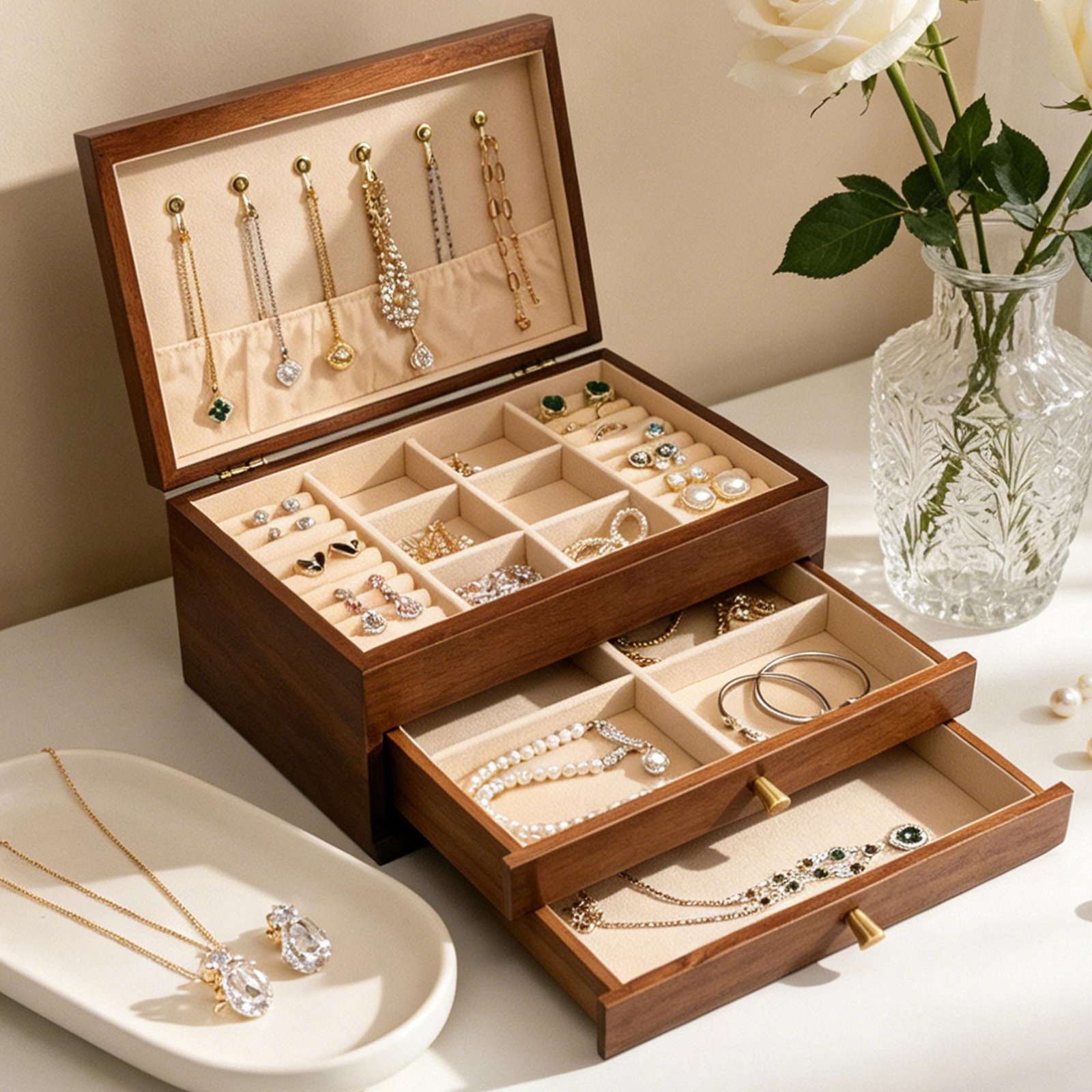 Custom Engraved Wooden Jewelry Box, 3-Layer Jewelry Organizer with Pull-Out Drawer, Removable Tray Ring Cushions, Earring & Necklace Storage