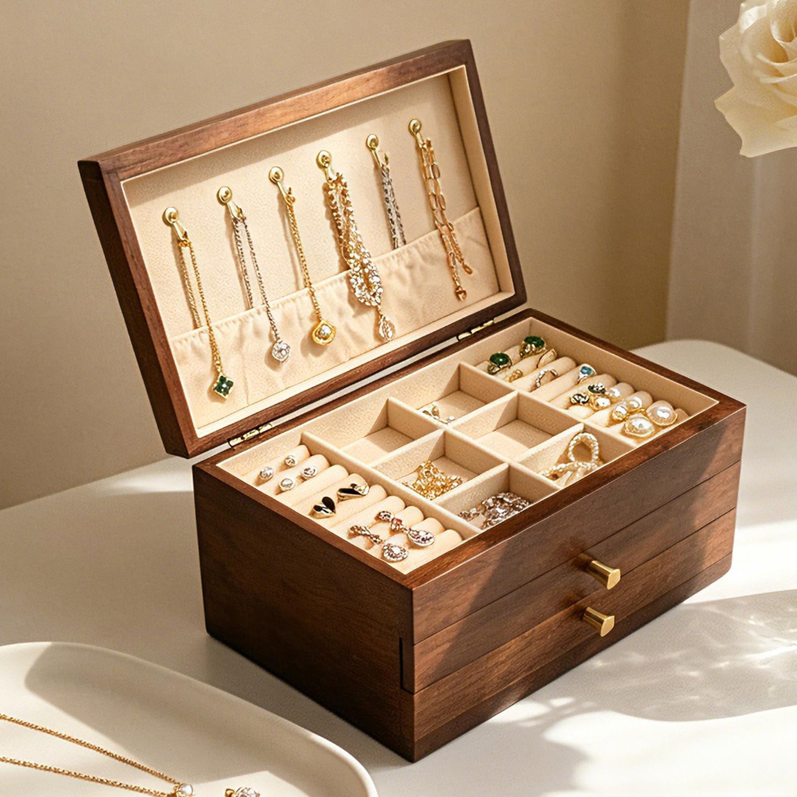 Custom Engraved Wooden Jewelry Box, 3-Layer Jewelry Organizer with Pull-Out Drawer, Removable Tray Ring Cushions, Earring & Necklace Storage