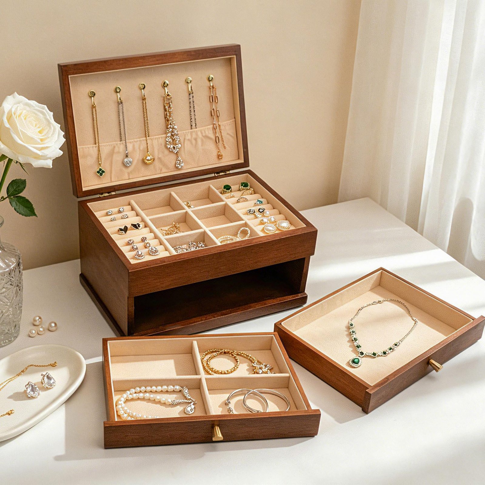 Custom Engraved Wooden Jewelry Box, 3-Layer Jewelry Organizer with Pull-Out Drawer, Removable Tray Ring Cushions, Earring & Necklace Storage