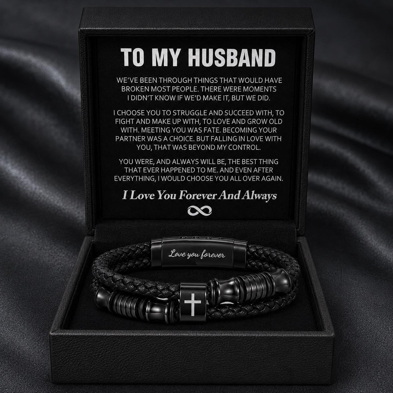 To My Husband Bracelet, Love You Forever Black Braided Bracelet, Cross Bracelet Gift Box, Anniversary Birthday Gift for Him