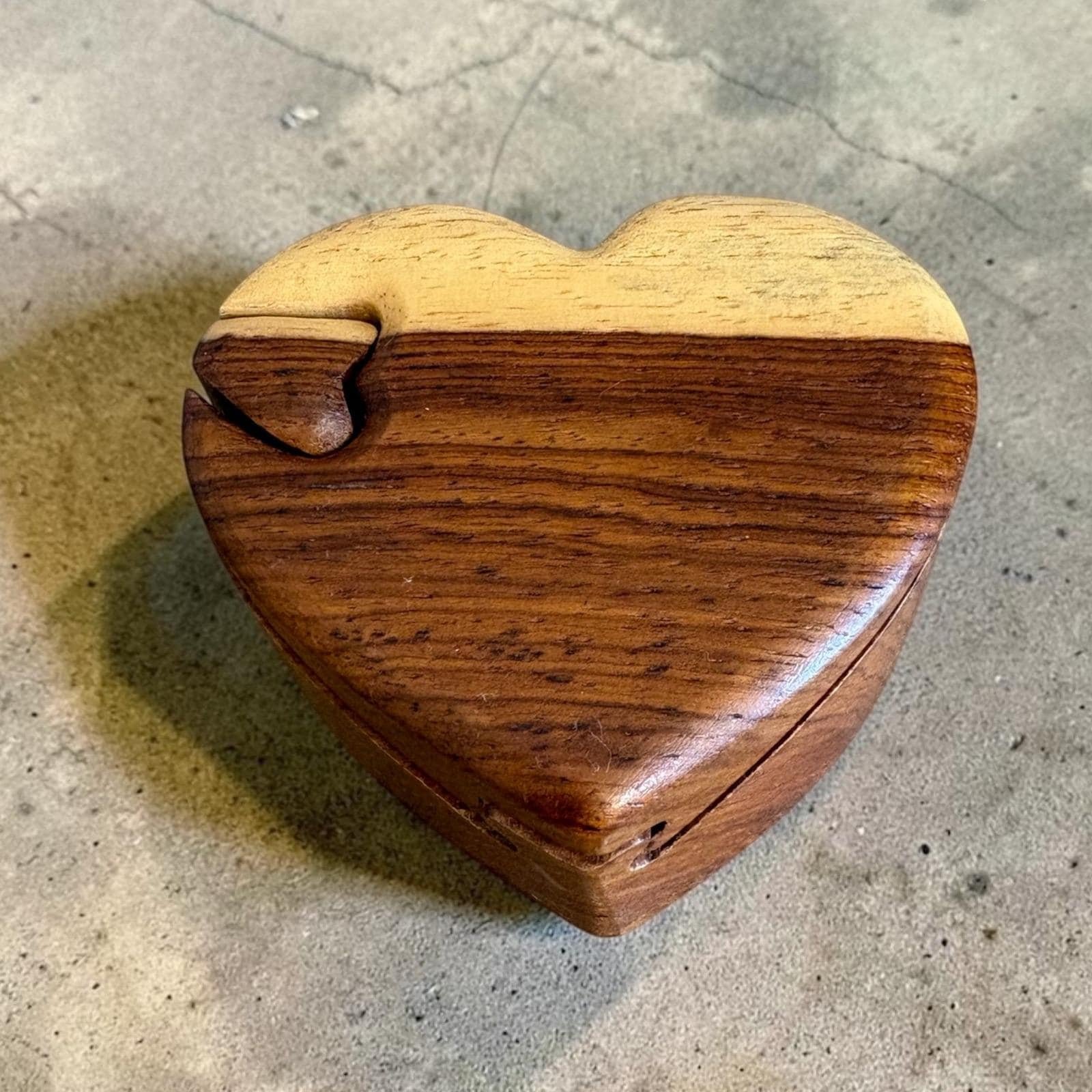 Handmade Two Tone Wood Heart Puzzle Box Secret Trinket Jewelry Case 3.5 Inch