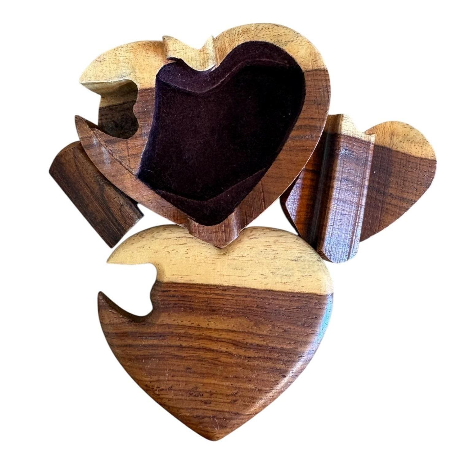 Handmade Two Tone Wood Heart Puzzle Box Secret Trinket Jewelry Case 3.5 Inch