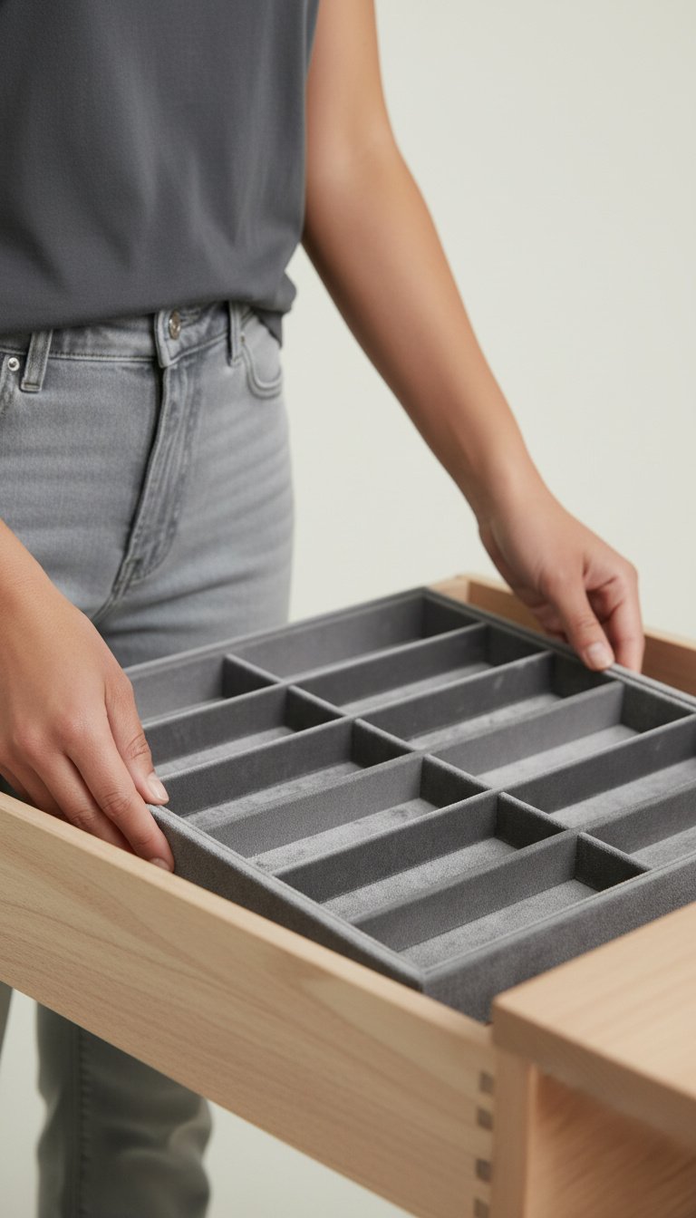 Homebiente Süet Kumaş Gri Renk 36–38 cm Çekmece İçi Gözlük Takı Standı