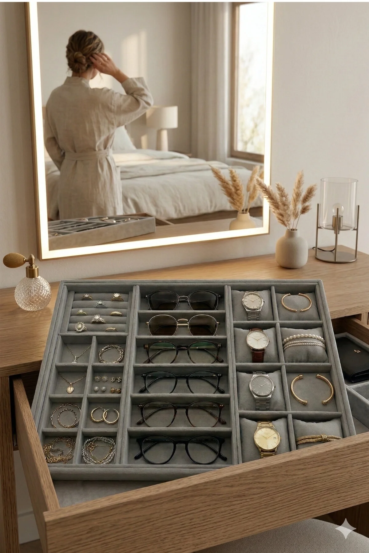 Homebiente XLarge 50x36,5 cm Gri Kadife Saat, Gözlük, Yüzük ve Küpe Takı Organizer Tablası