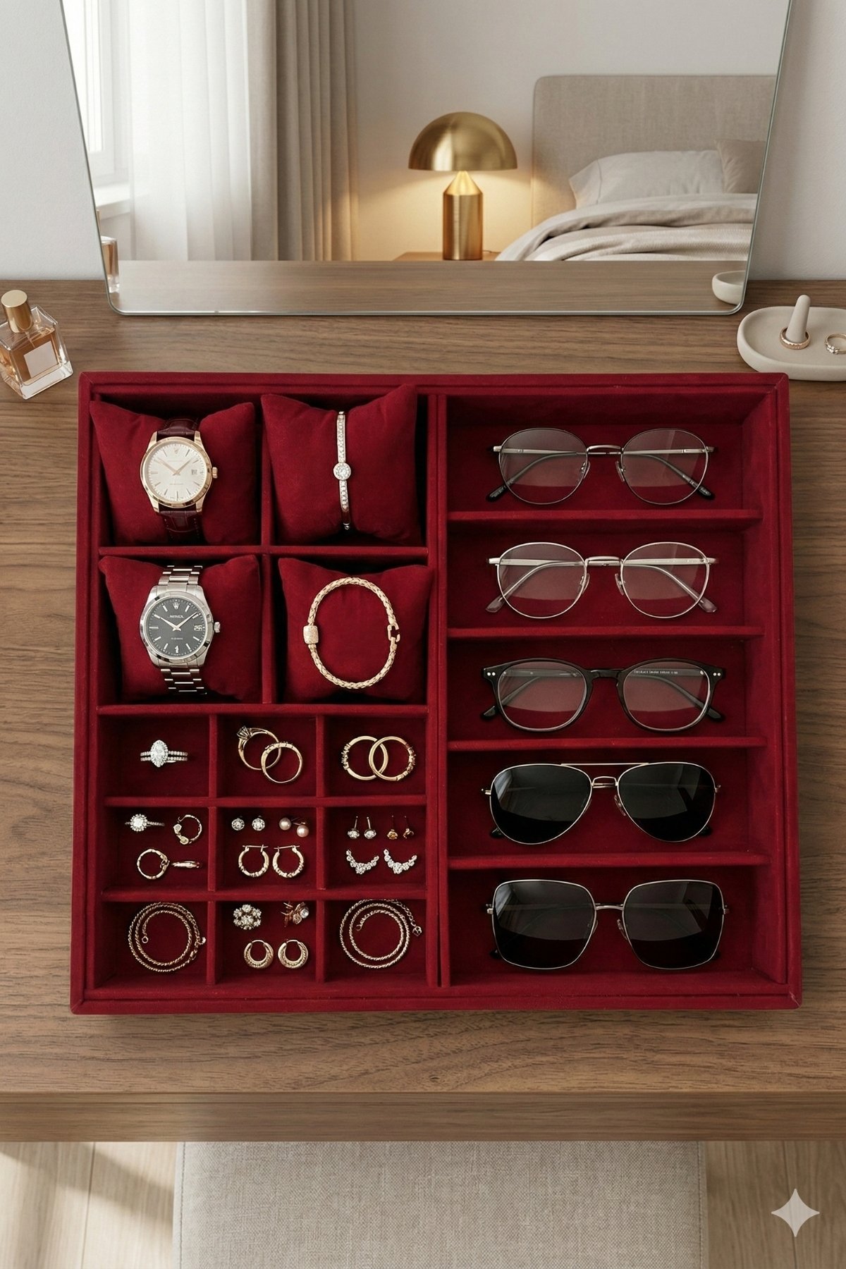 Homebiente 35x31 cm Kırmızı Kadife Saat Gözlük Yüzük Küpe Organizer Takı Kutusu