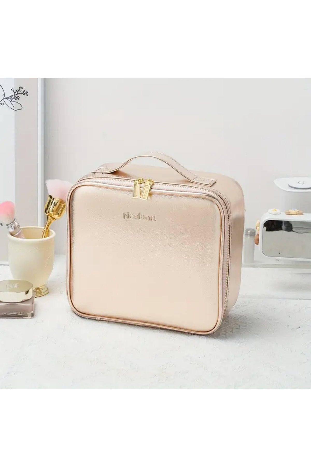 Puffy Lab Aynalı Led Işıklı Rose Gold Makyaj Çantası